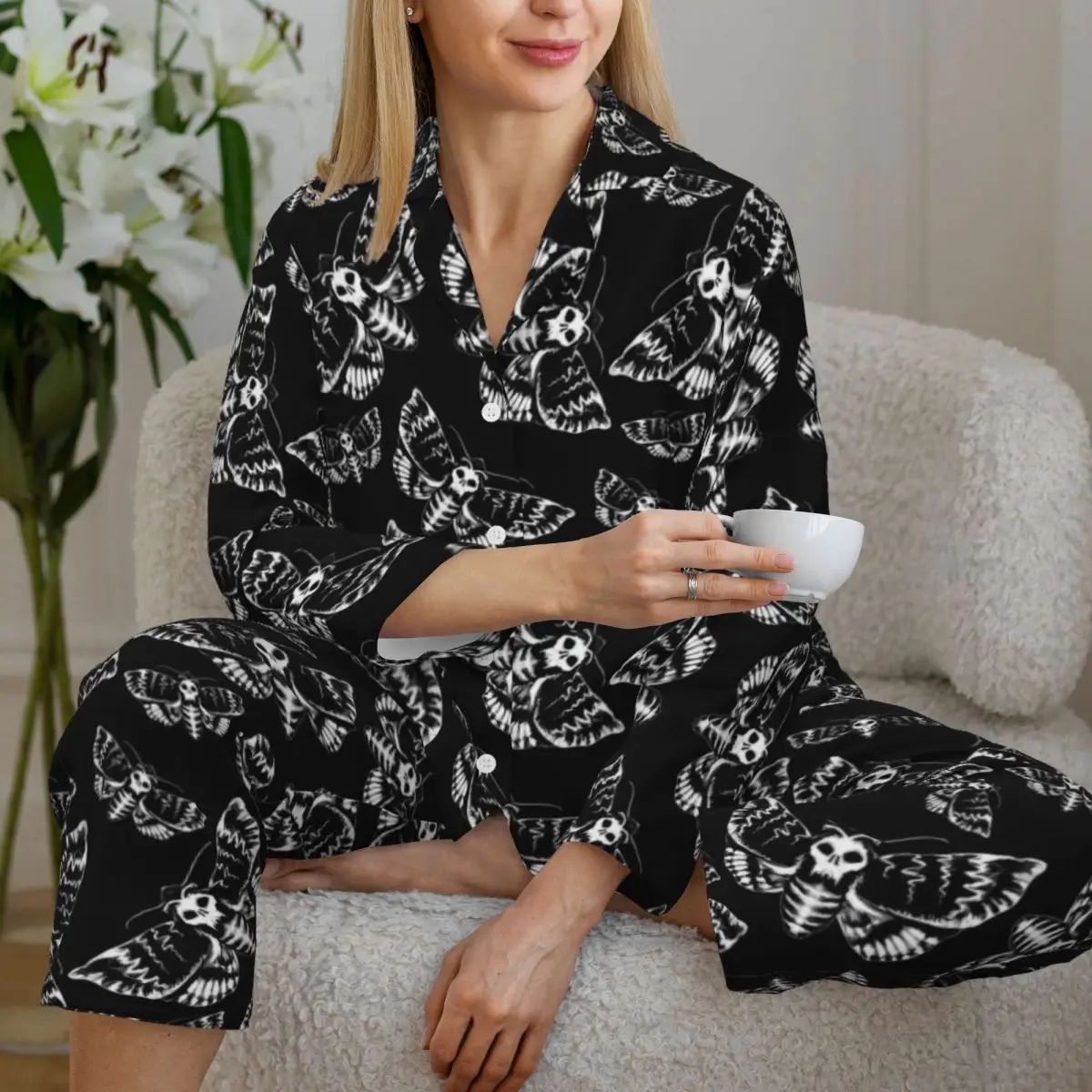 Gothic Print Pajama Set Spring White Death Head Moth Fashion Sleep Sleepwear Female 2 Pieces Vintage Oversize Custom Nightwear