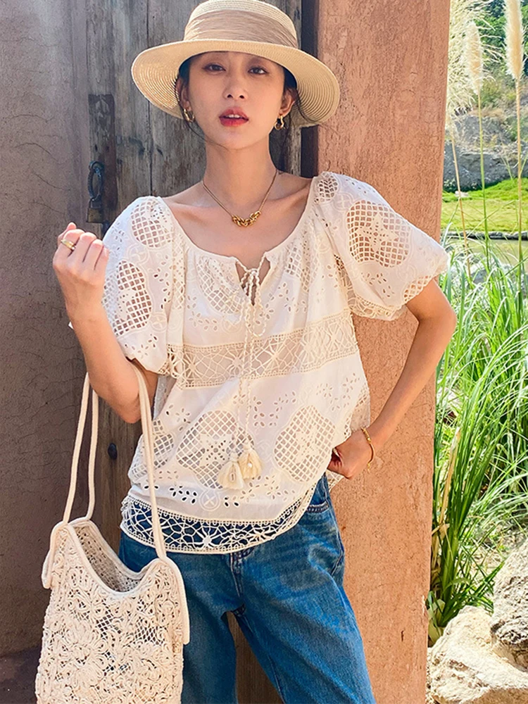 

GypsyLady Boho Elegant Chic Shirt Blouse Floral Embroidery Hollow Out Beige Cotton Sexy Puff Sleeve Women Holiday Ladies Tops