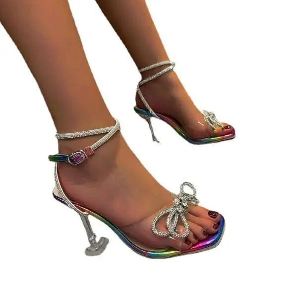 Rhinestone Bow-knot Women Sandals PVC Jelly Pumps Heels Ladies Shoes  Sexy Square Toe Ankle Buckle Strap New Party Sandals