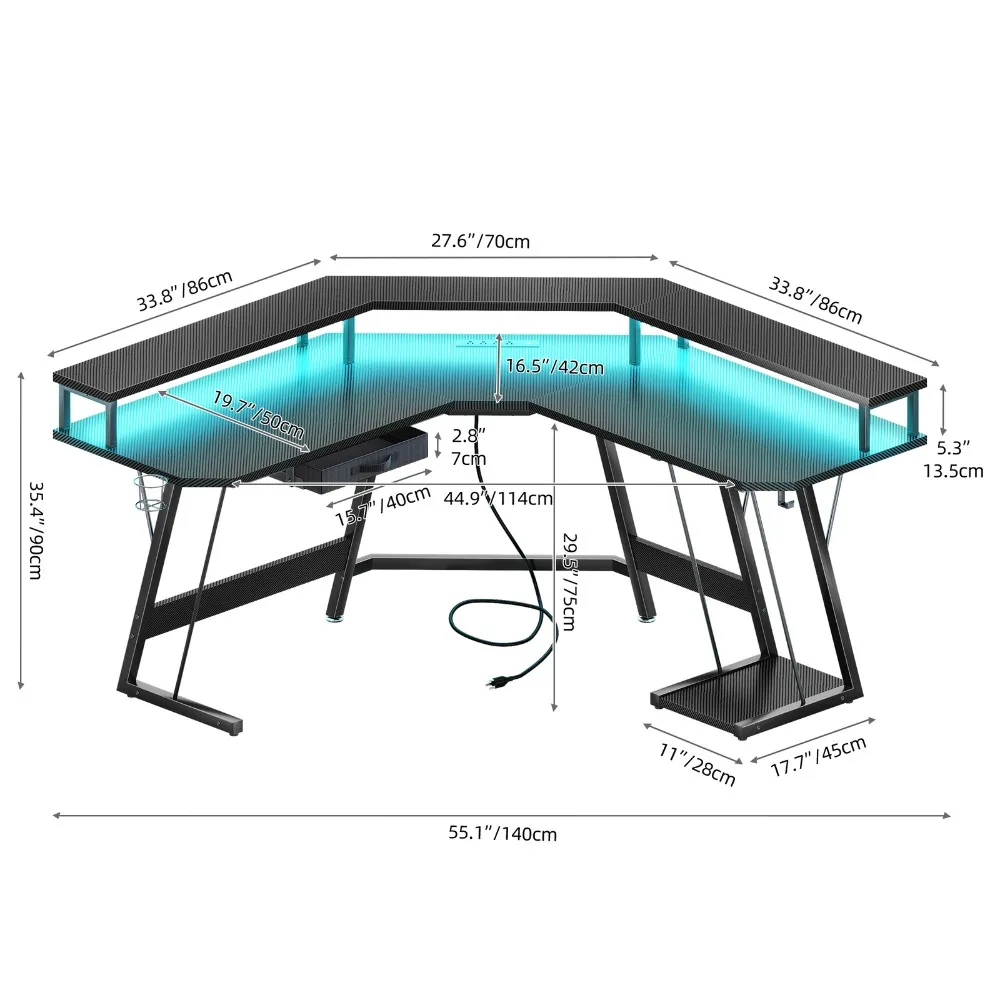 56 inch L-Shaped Gaming Desk Corner Table Computer Desk w/Drawer & Monitor Stand