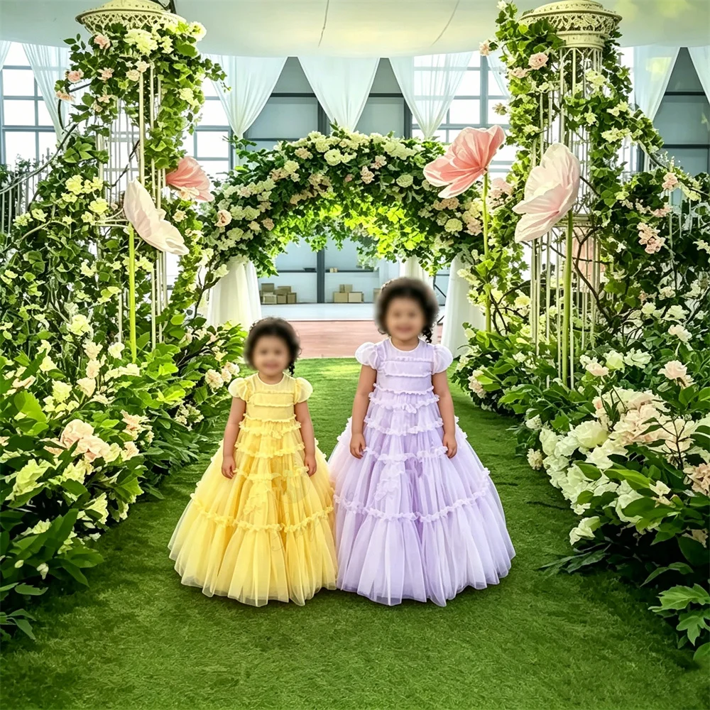 Quality 2026 Yellow Flower Girl Dress Short-Sleeve Round-Neck With Pleats For Kids Wedding Party Back School Season Gowns