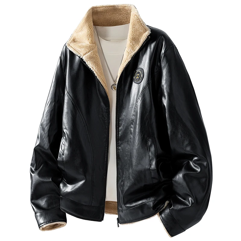 

Осенне-зимняя цельная мужская кожаная куртка с бархатным воротником-стойкой, теплая и толстая куртка с воротником-стойкой для верхней одежды
