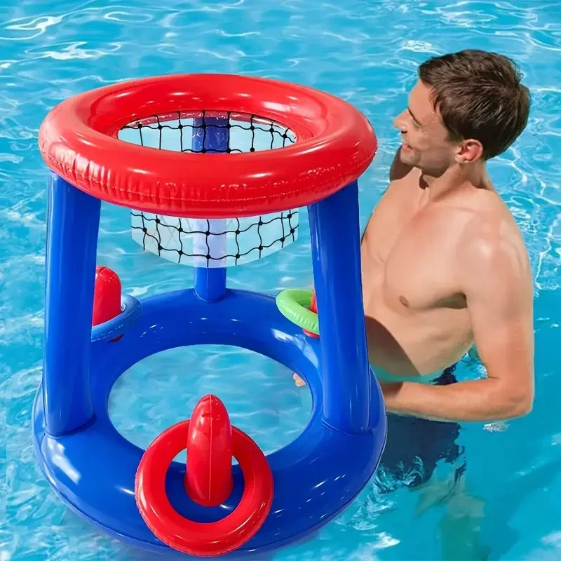 Inflatable Water Basketball & Ring Toss Game for Kids, Pool Beach Outdoor Toys with 3 Rings+1 Ball, Family Interactive Toys