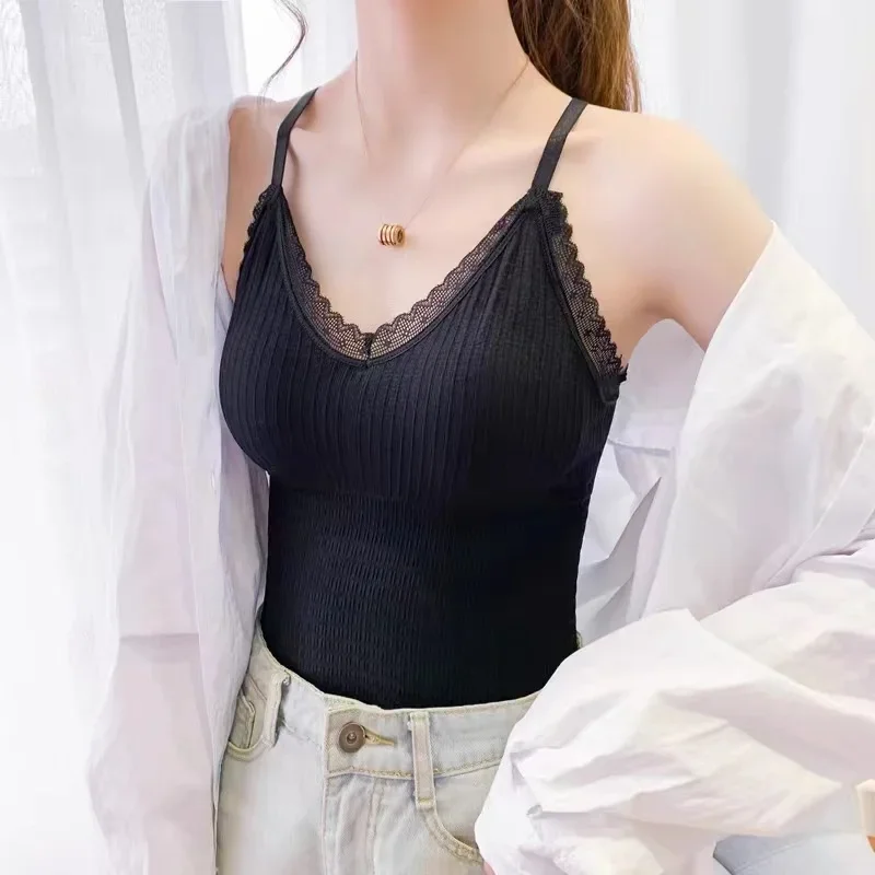 Women Chest Wrap Camisole Summer Lace Tank Top Slim Fit Vest Sleeveless Base V-neck Camisoles Adjustable Strap Chest pad Tops