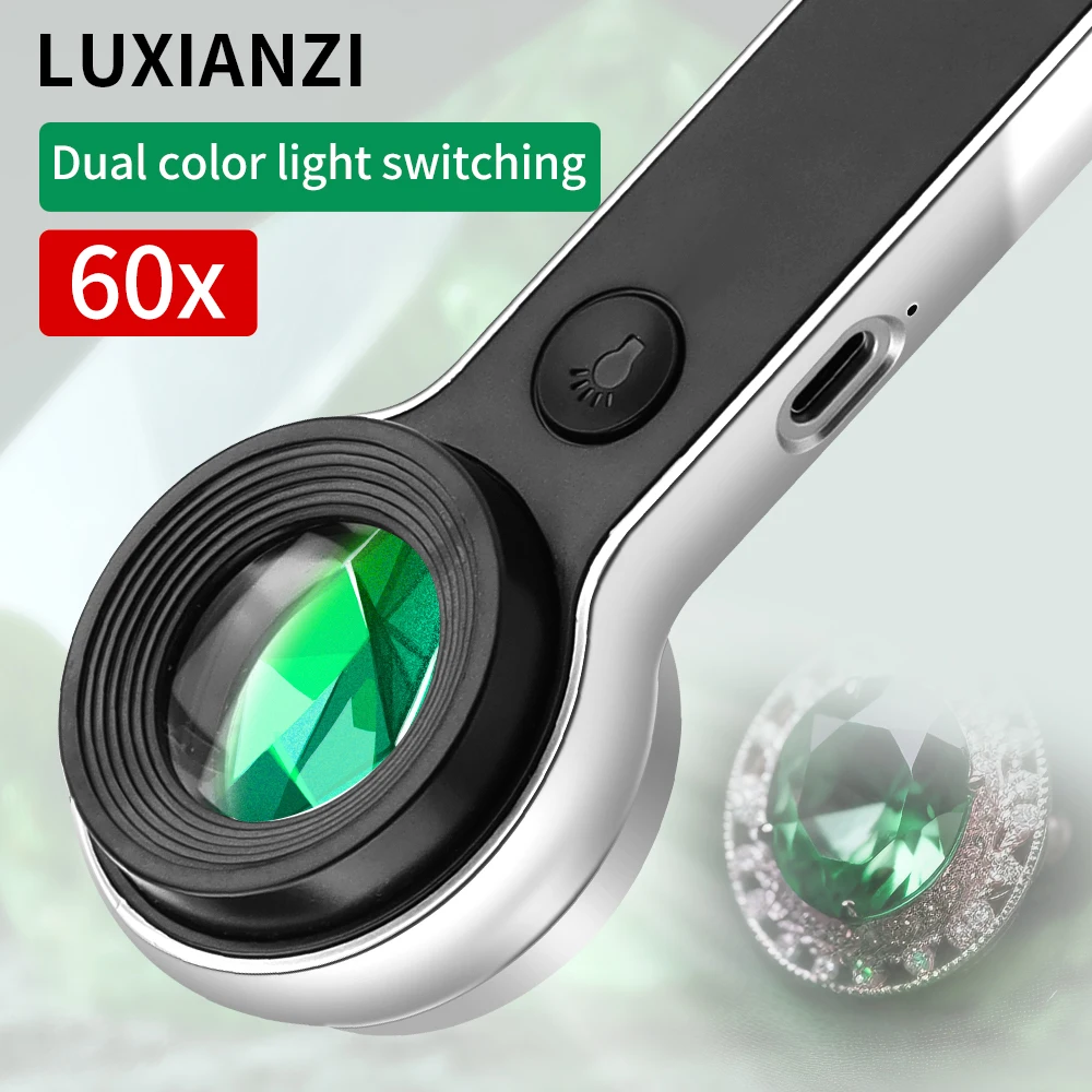 

LUXIANZI 60X Magnifier With UV Light Handheld LED UV lights USB Rechargeable Magnifying Glass For Reading Jewelry Inspection