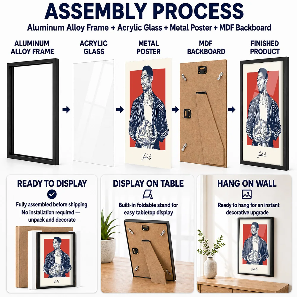 Jude Bellingham Soccer Portrait Framed Aluminum Metal Poster Personalized Illustration Wall Art For Clubhouse Reception Area
