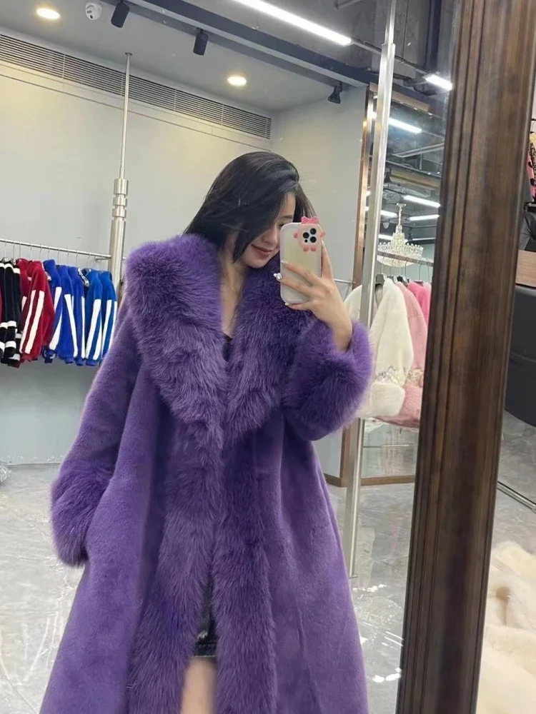 2023 Winter Fashion Fur Coat Women\'s High-End Luxury Mid-Length Fox Fur Collar Mink Fur Coats Warm Elegant Long Fur Jackets