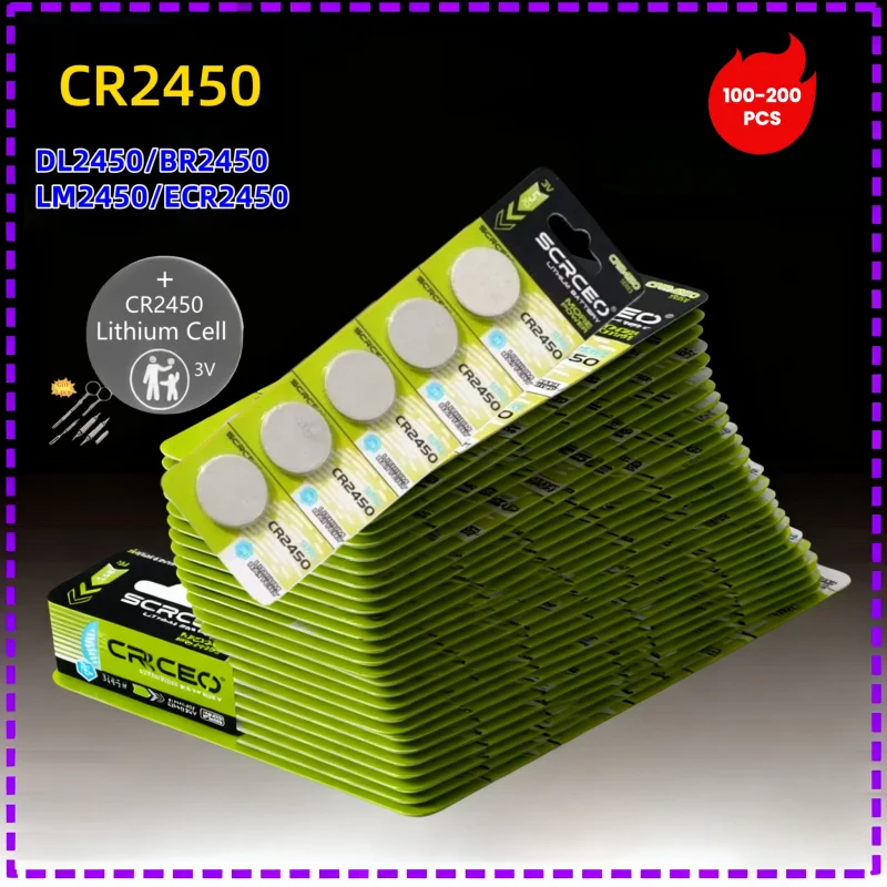

CR2450 3V Button Cell Batteries 100-200PCS Lithium Coin Cell for Watch Buttom Battery 600mAh KCR2450 LM2450