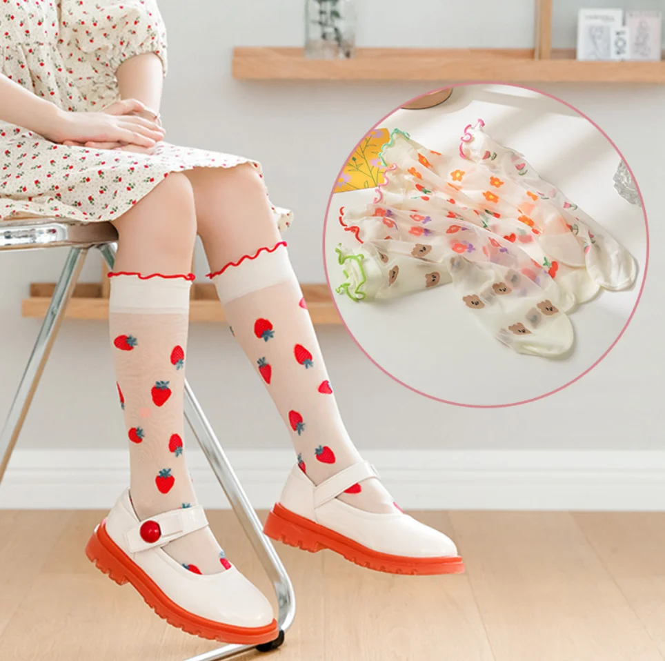 

Girls Mid-tube Socks Summer Thin Section Strawberry Fungus Mosquito Stockings Breathable Over-the-knee Socking Collant Fille