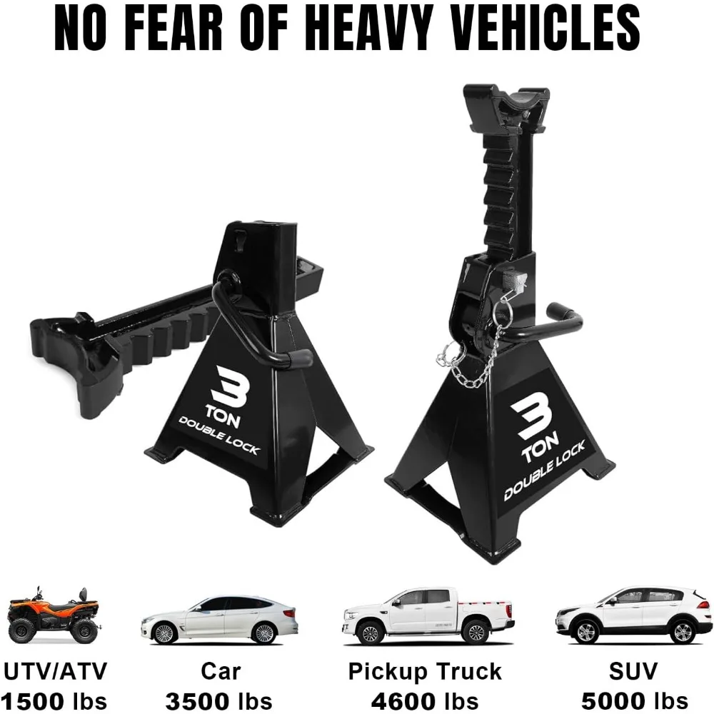 ヘビーデューティースチールジャックスタンド：ダブルロッキングピン、3トン（6,000ポンド）容量、ブラック、ペア