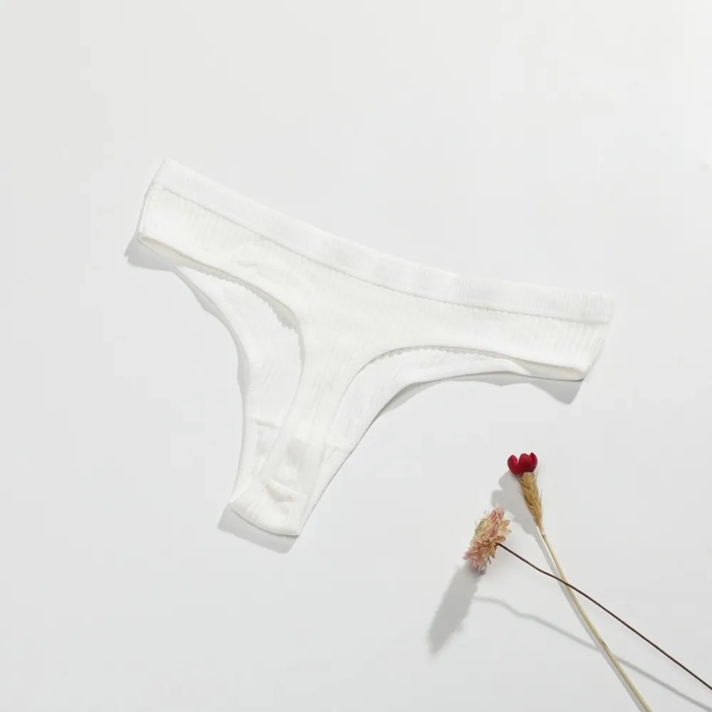 Seamless Design Seamless Thong Ribbed Texture Soft Cotton Ribbed Thong Striped Pattern Solid Color G-Strings Ladies Underwear
