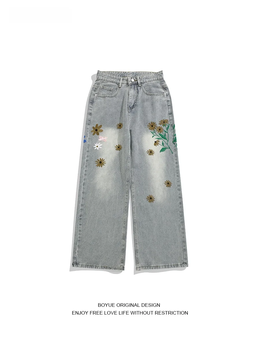 

Boyue Retro Floral Embroidery Waed Denim Jeans Casual Street Sle Men Women Long Pants Summer Youth Faion Straight Leg Fit