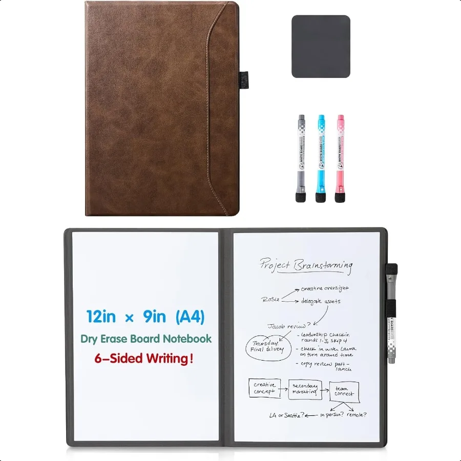 

6 Sides Portable White Board 12x9 inch A4 Notebook Design Dry Erase Small Board with Pocket and arkers AntiGhosting AntiSmudge