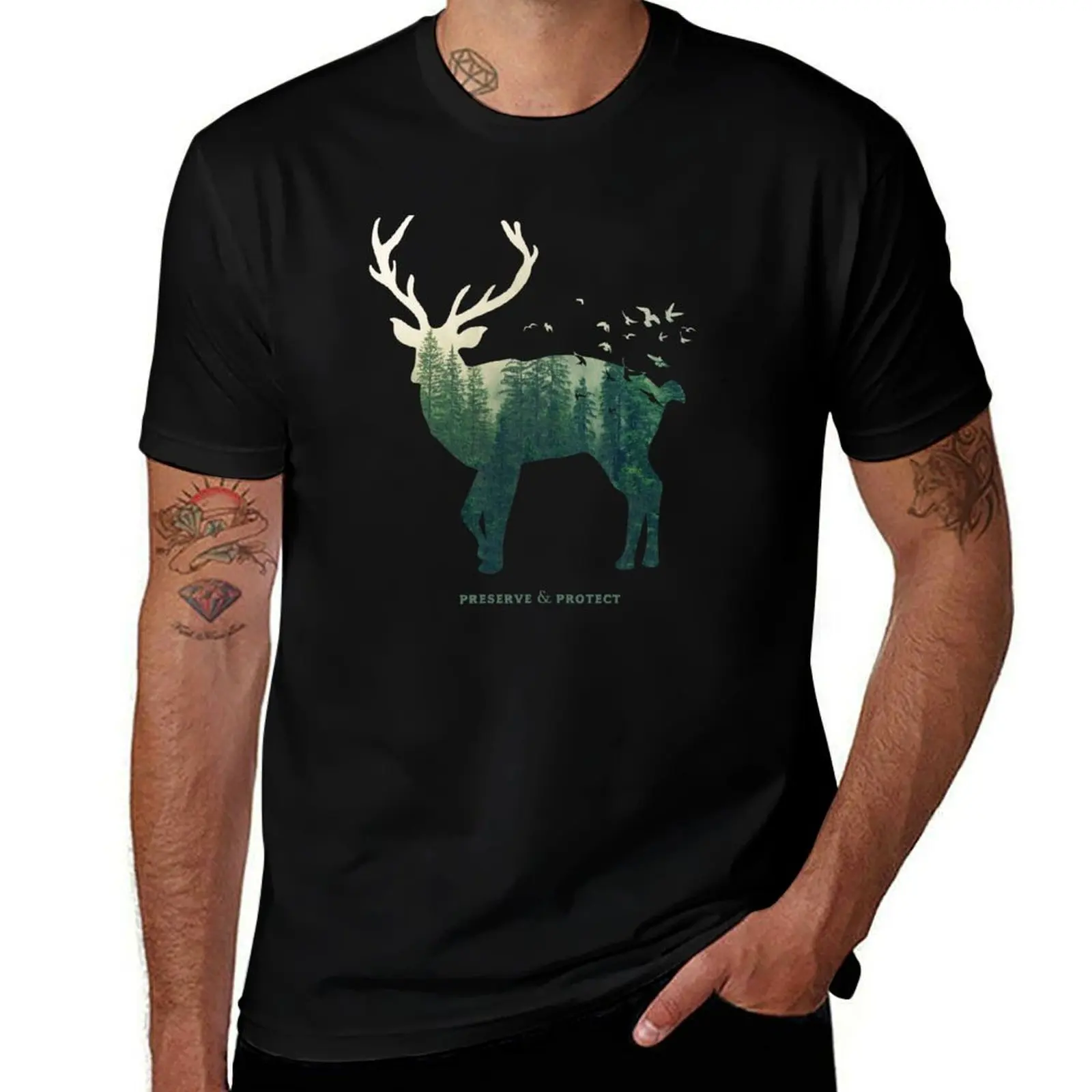 

Preserve & Protect Nature Double Exposure Deer Silhouette Trees Forest Save the Environment Climate Change Wilderness Hi T-Shirt