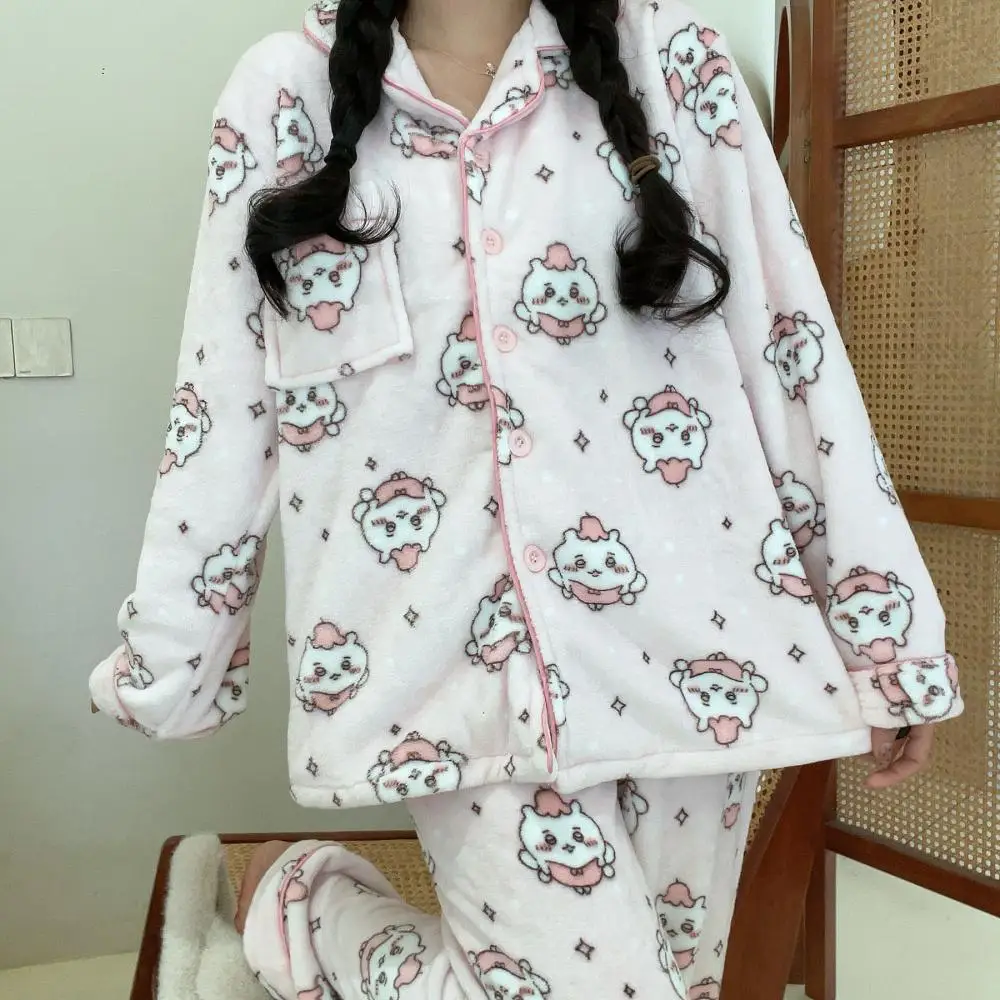 Kawaii Chiikawa Hachiware Usagi Coral Velvet Pajamas Winter Girls Thickened Velvet Home Clothes Set Give Gifts To Girlfriend