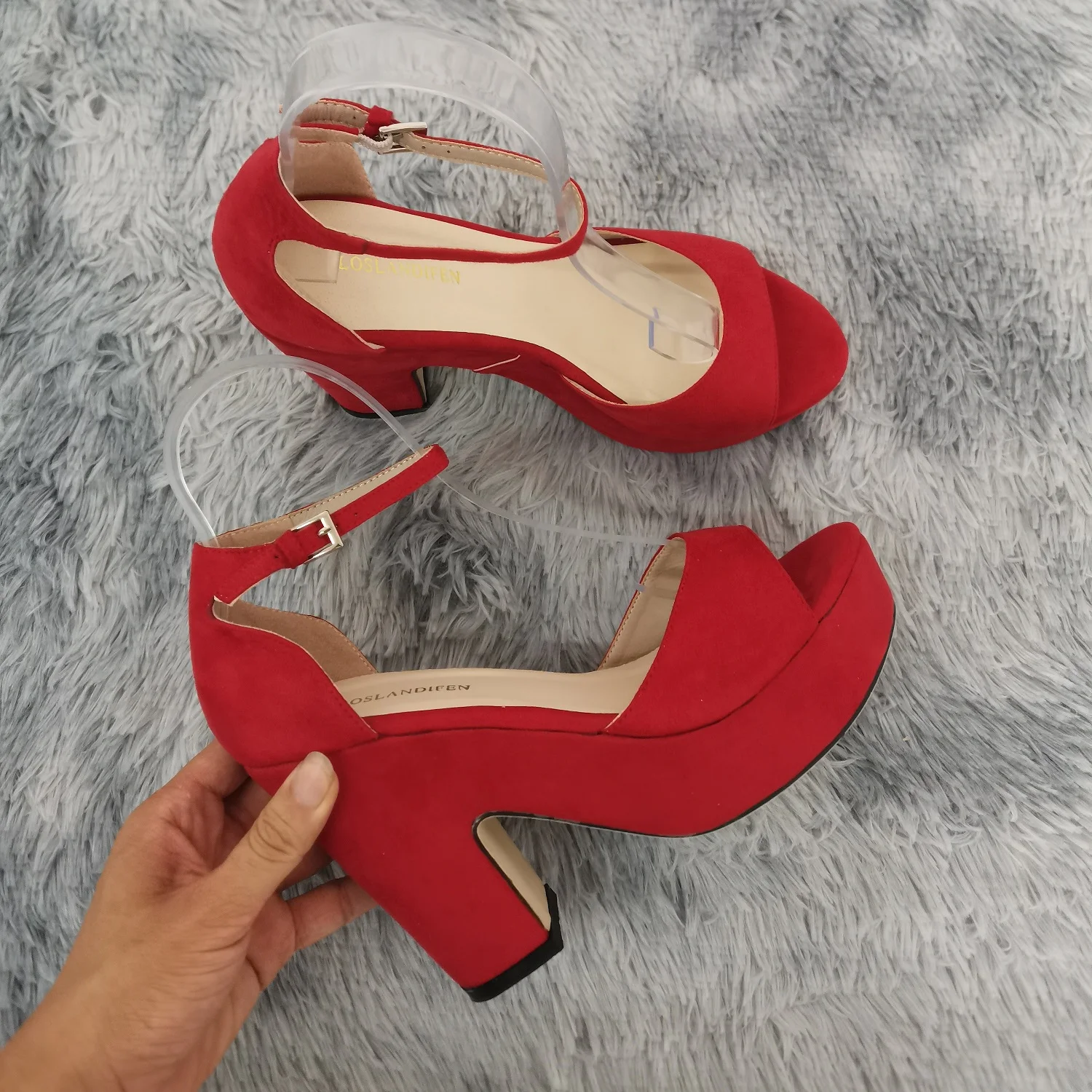 LOSLANDIFEN Summer Ankle Strap Sandal 12cm Women Pumps Sexy Peep Toe Square High Heels Woman Shoes Flock Platform Wedding Shoes