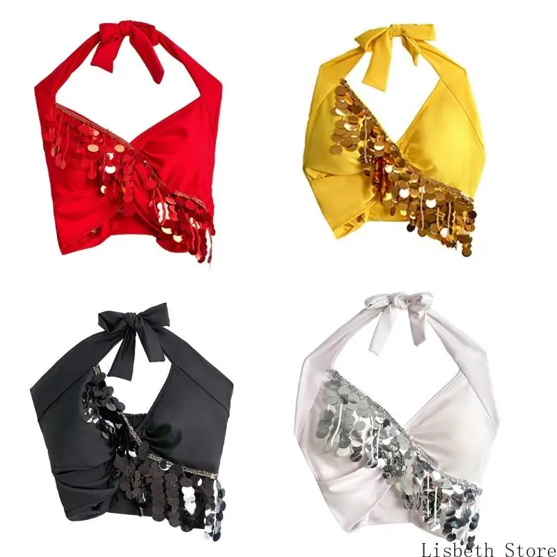124A Belly Dance เครื่องแต่งกายสำหรับผู้หญิง Belly เต้นรำ Glitter Bra Tops Sequins Fringes Tassels Halter Tops