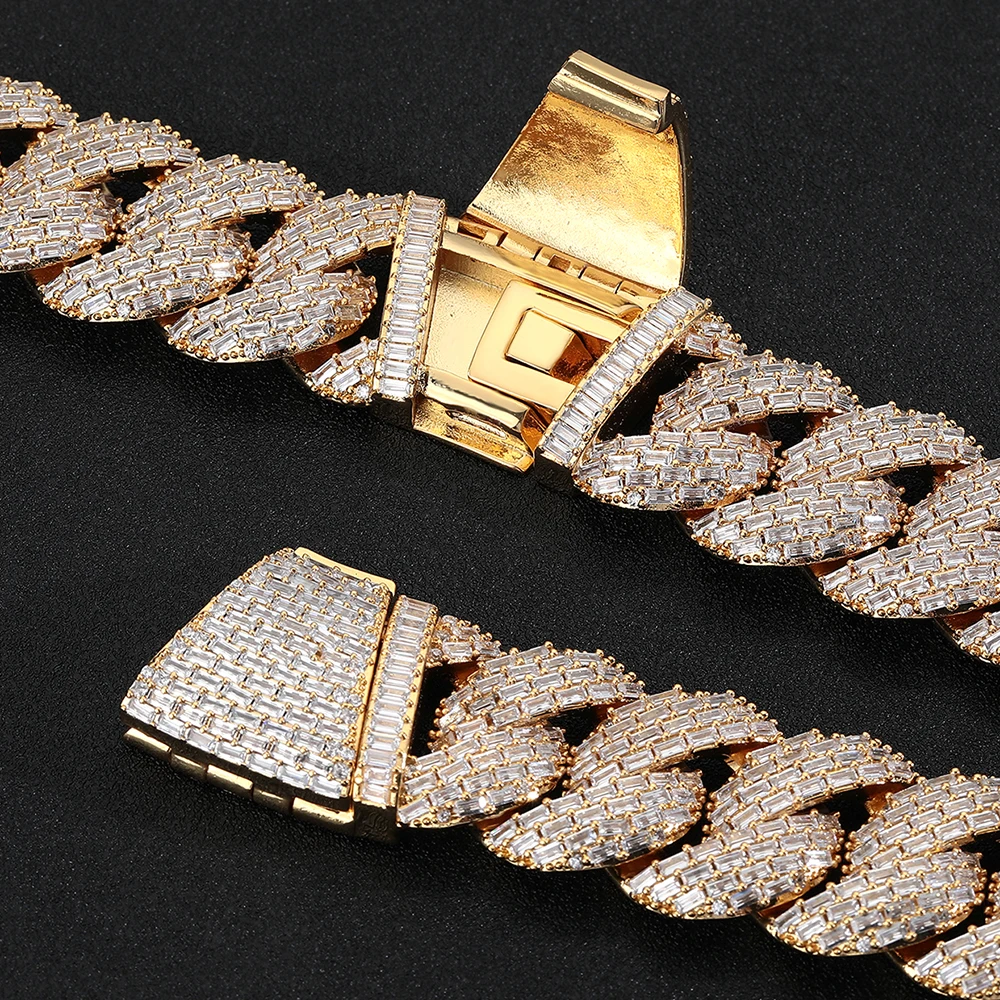 Nuoya Hip Hop Jewelry 24mm 4 Rows Iced Out Cz Cuban Chain Rectangle Zircon Bling Prong Thick Cuban Necklace For Men