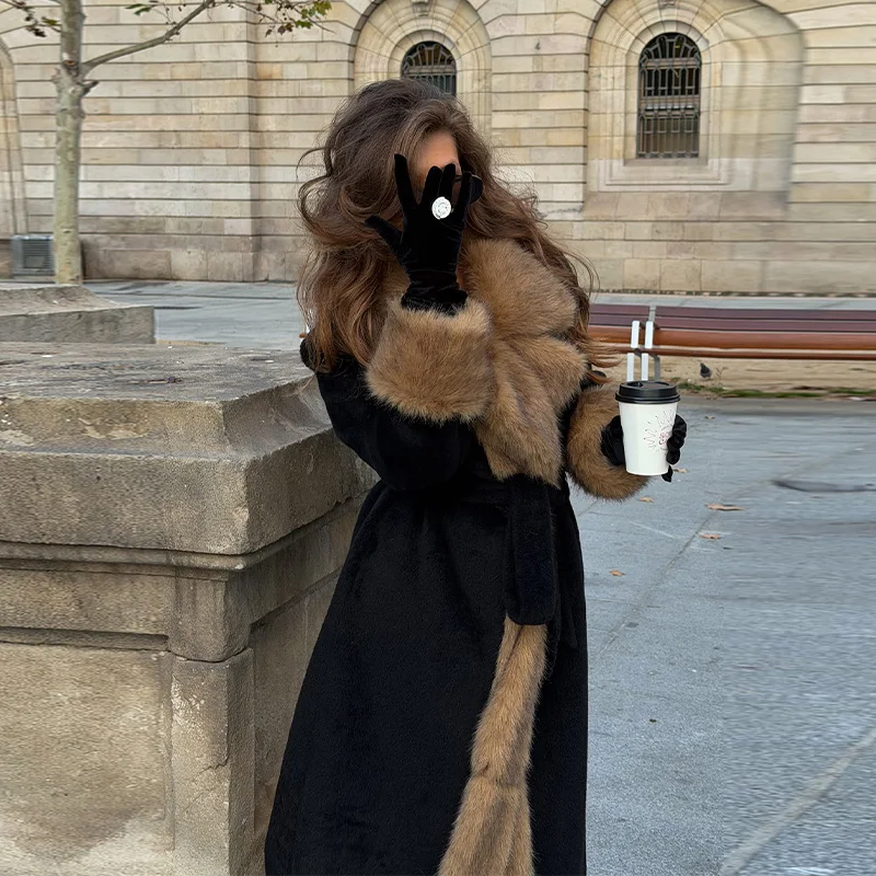 

2025 Female Vintage Faux Fur Woolen Long Luxury Overcoat Chic Full Sleeve V-neck Lace Up Loose Coat New Lady Commute Outwear