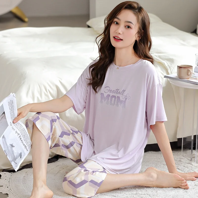 

Modal Sleepwear Women Summer Short Sleeve Seven-Piece Loose Thin Home Clothes Cartoon Home Clothes Set Cool Breathable