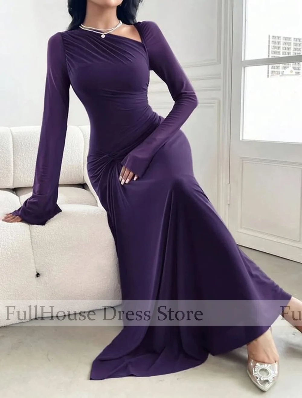 Bespoke Occasion Modern O-neck Chiffon Straight Long Sleeve Illusion Evening Gown Maxi Length Saudi Arab Dress