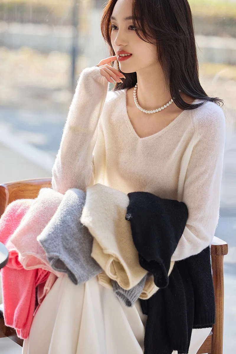

Women's Knit Sweater 100% Wool Cashmere V-Neck Long-Sleeve Pullover 2025 Winter/Autumn New Korean Loose Fashion Clothing Female