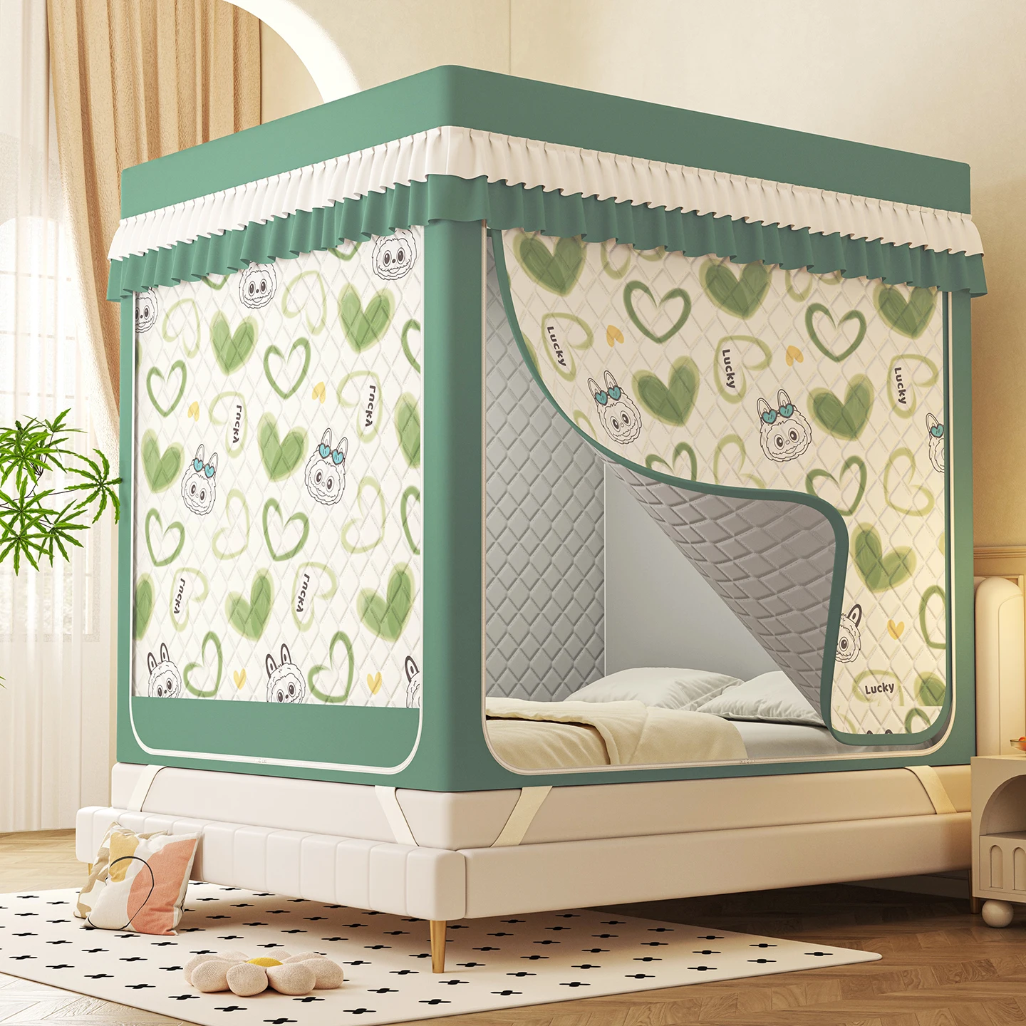 LTT winter warm padded windproof full bottom blackout curtain sitting bed mosquito net bedroom mantle pattern net