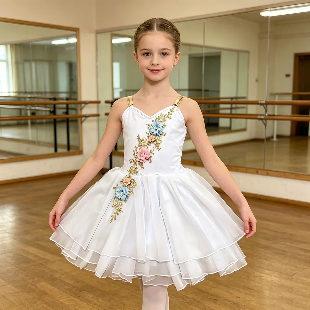 

Girls Ballet Costume Professional Performance Leotard Tutu with Flower for Kids Cupid Themed Stage Dance Chiffon Dress