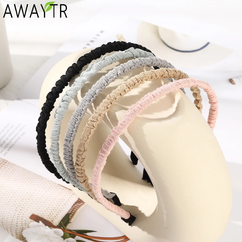 

AWAYTR 2PCS/LOT 0.8CM Thin Bezel Headband Ruched Hairband for Women Girls Hair Accessories Korean Solid Hair Hoop Headdress