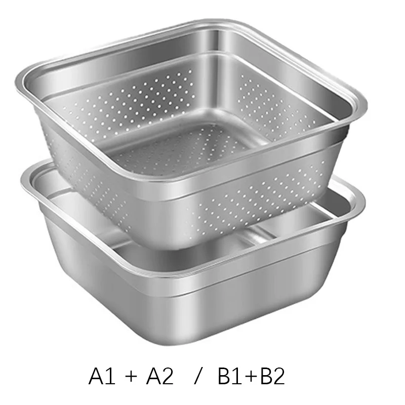 Stainless Steel Washing Vegetables Drain Basket Fruits Storage Organizer Bowl Square Food Basin Tray Kitchen Accessories