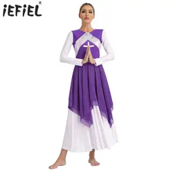 Manica lunga da donna metallizzato lucido irregolare liturgico elogio balletto vestito da ballo lirico culto chiesa festa Costume Dancewear