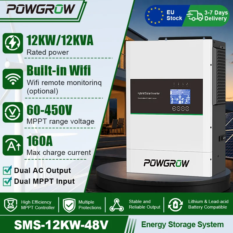 POWGROW 5KW Solar Hybride Omvormer Dubbele MPPT 24V 220V 160A Lader Max 500V PV Ingang BMS Bescherming Dubbele Uitgang