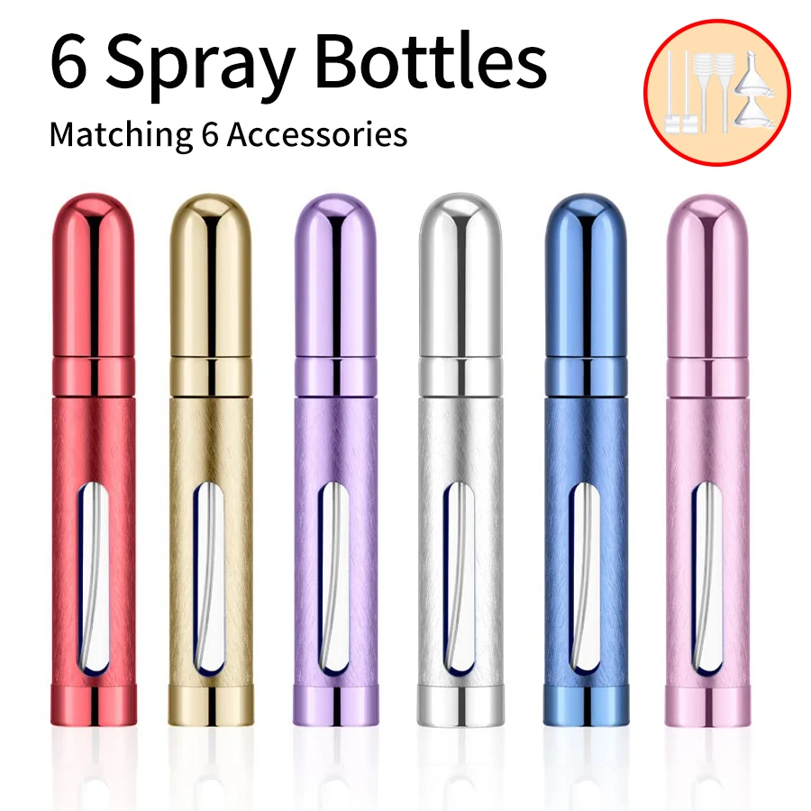 6pcs+6 Accessories 12ml Mini Perfume Atomizer with 6 Spray Bottles,2 Aluminum Funnels, 2 Dispensing Shenanigans, 2 Spring Straws