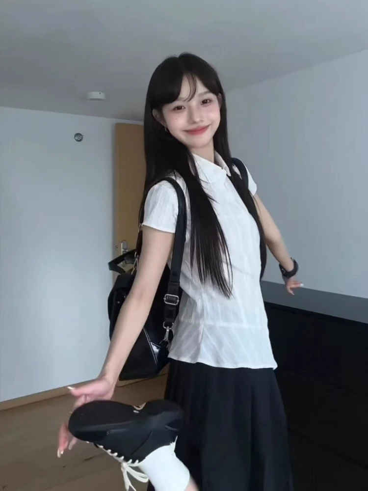 Y2k Aesthetic Sweet Turn Down Collar Women Blouse Vintage Single Breasted Blusas Preppy Style Fairy Summer Bodycon Grunge Tops