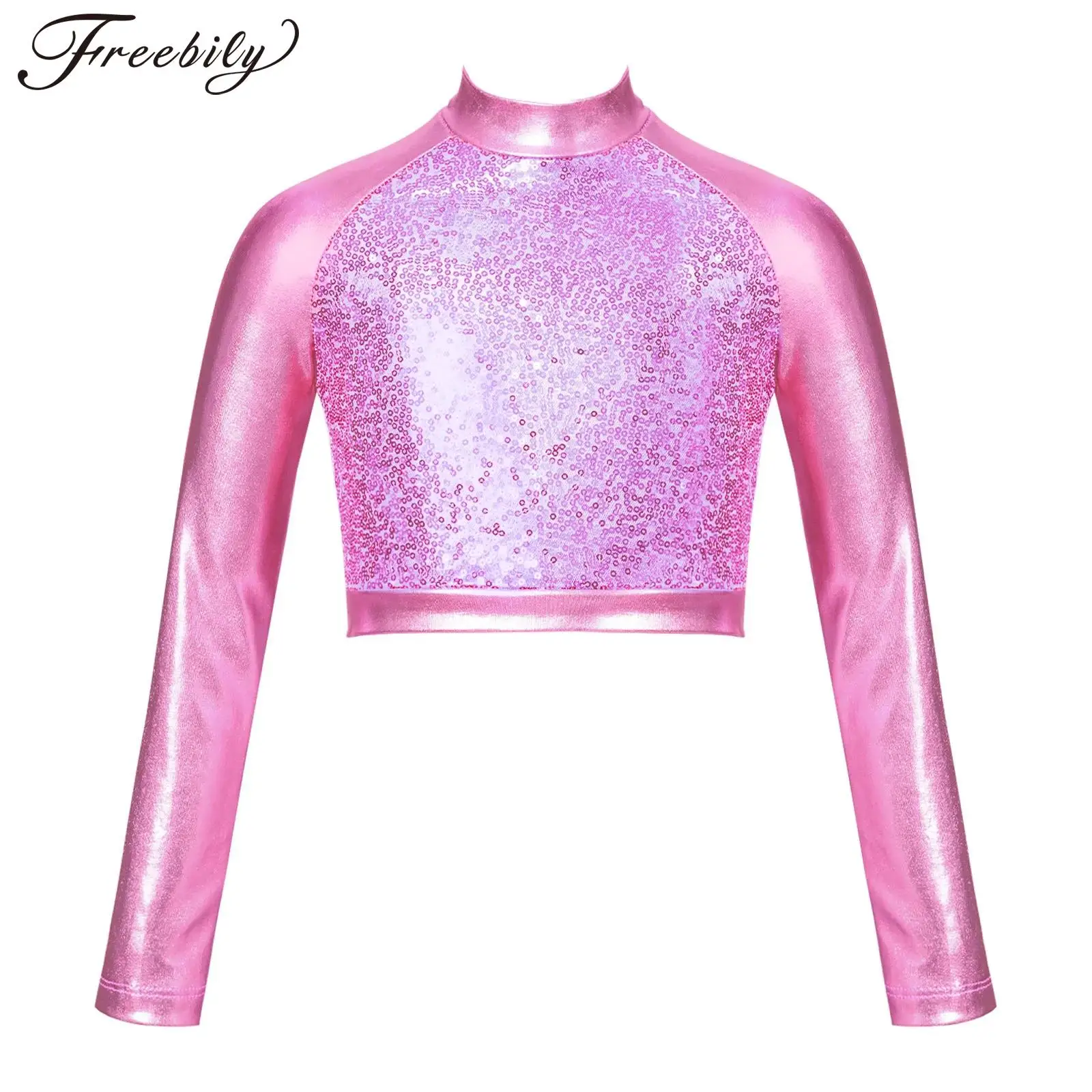 Kids Girls Hip Hop Jazz Dance Crop Tops Long Sleeve Metallic Sequin T-shirt Latin Street Dancing Stage Performance Dancewear