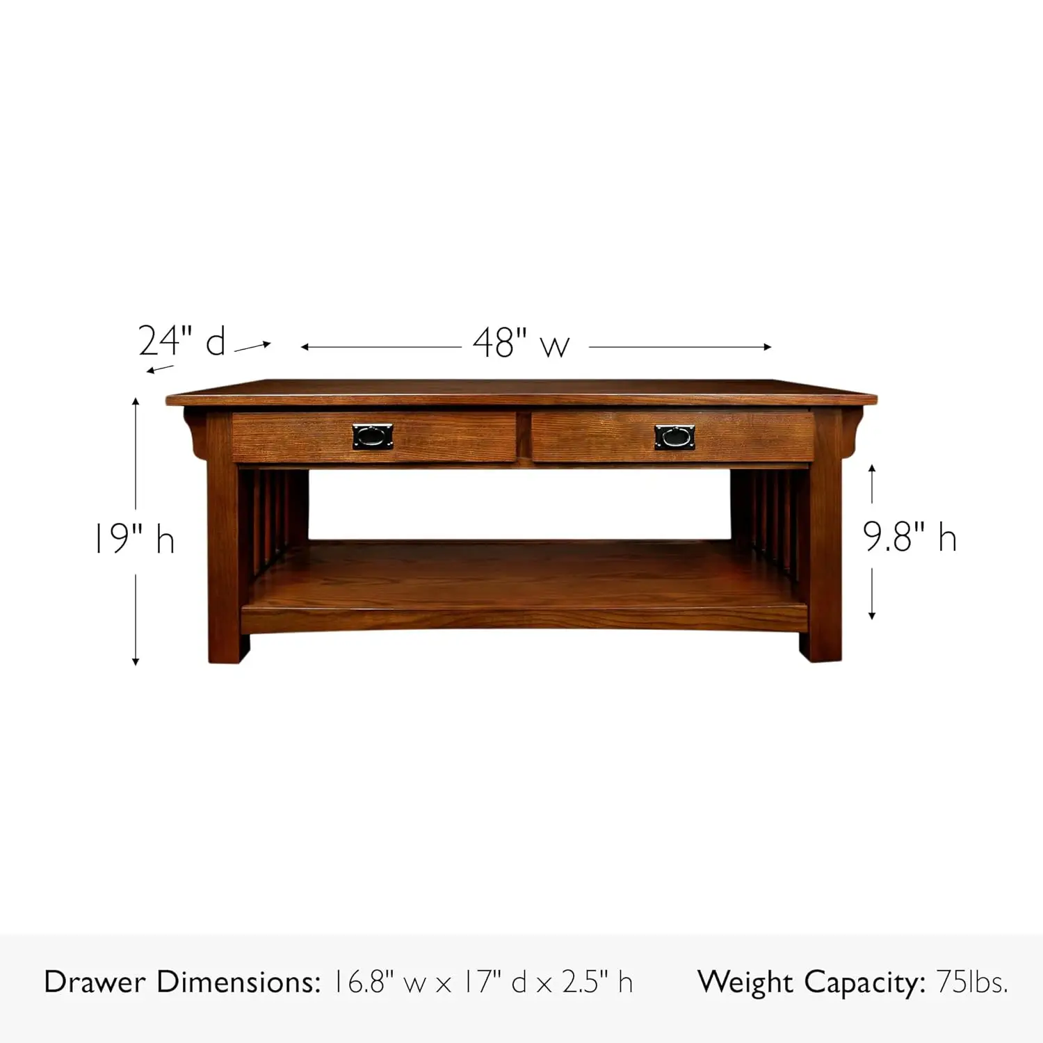 طاولة قهوة، خشب متين مع درجين ورف، لمسة نهائية من خشب البلوط المتوسط، أجهزة سوداء، جوانب شرائحية