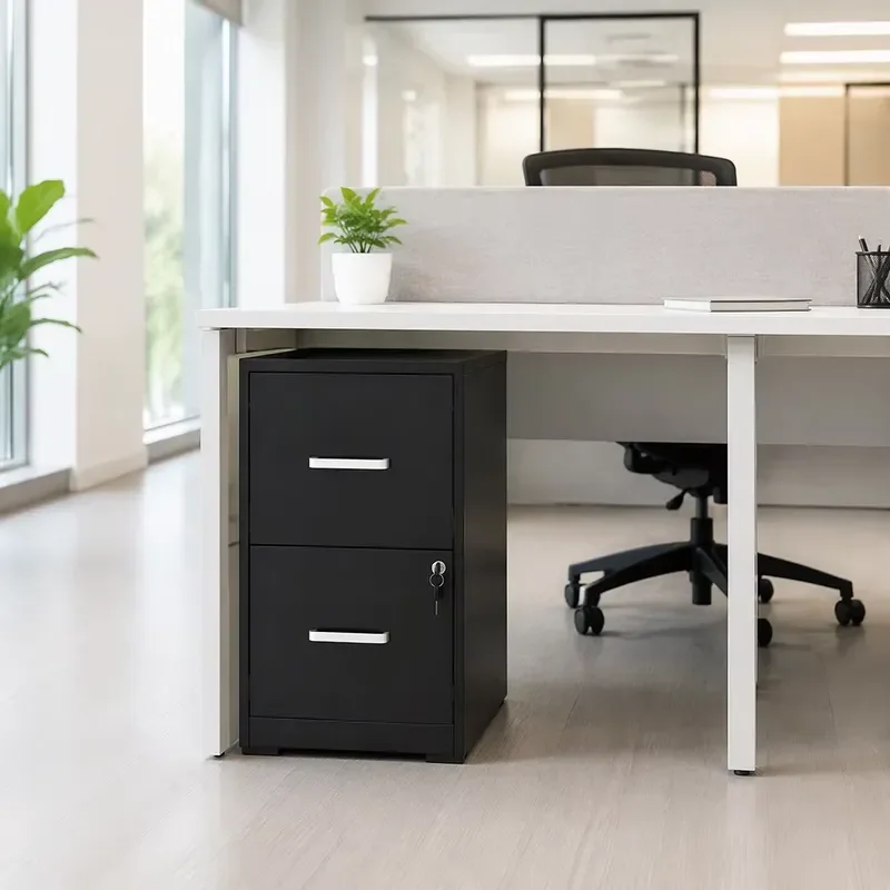 Steel 2-drawer filing cabinet with safety lock system, located under the desk, drawer unit for organizing office documents
