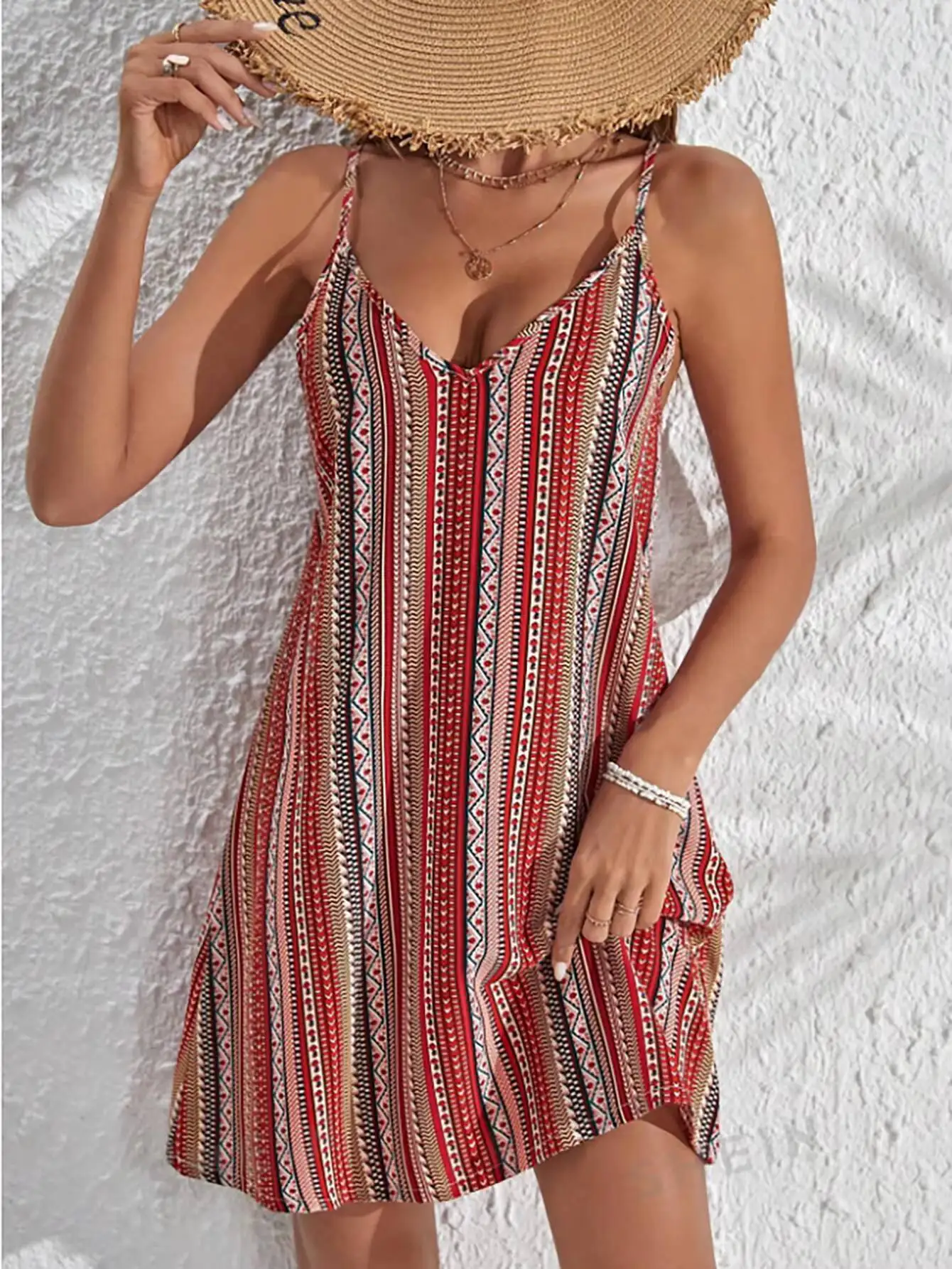 Vestido feminino tribal listra impressão cinta de espaguete uma linha mini vestido boho nova primavera verão férias vestido praia flowy confortável outfit