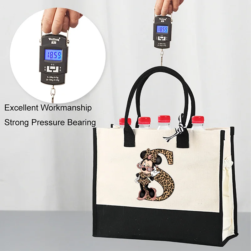 Disney Women Canvas Shoulder Bag Minnie Mouse Letter Handle Tote Bags Large Capacity Handbag Cartoon Girl Aesthetic Pouch Gifts