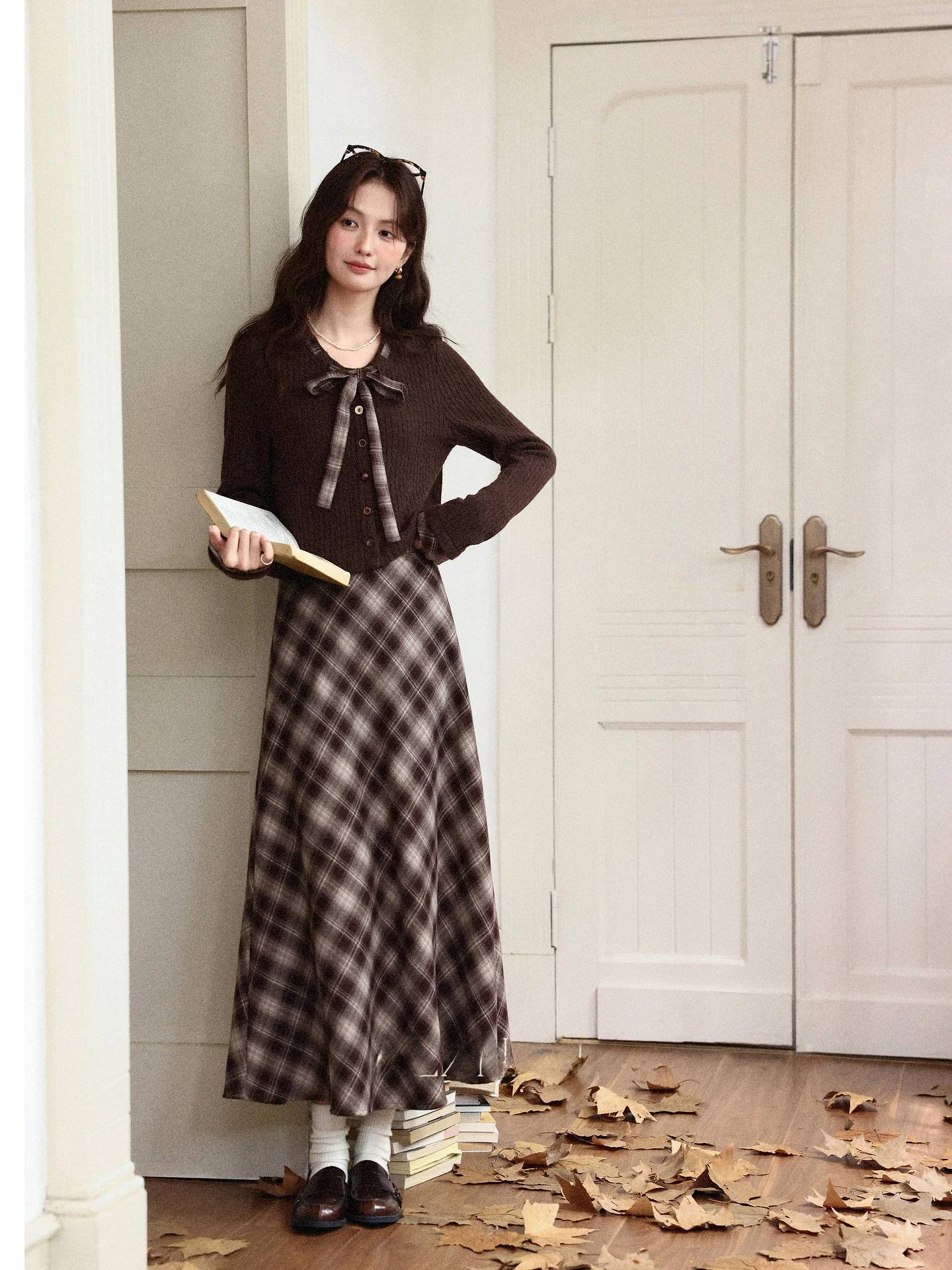 

High Waist A-Line Skirt Women's Plaid Coffee Color Autumn Slim Fit Commute Sle Polyester Fabric Casual Scene