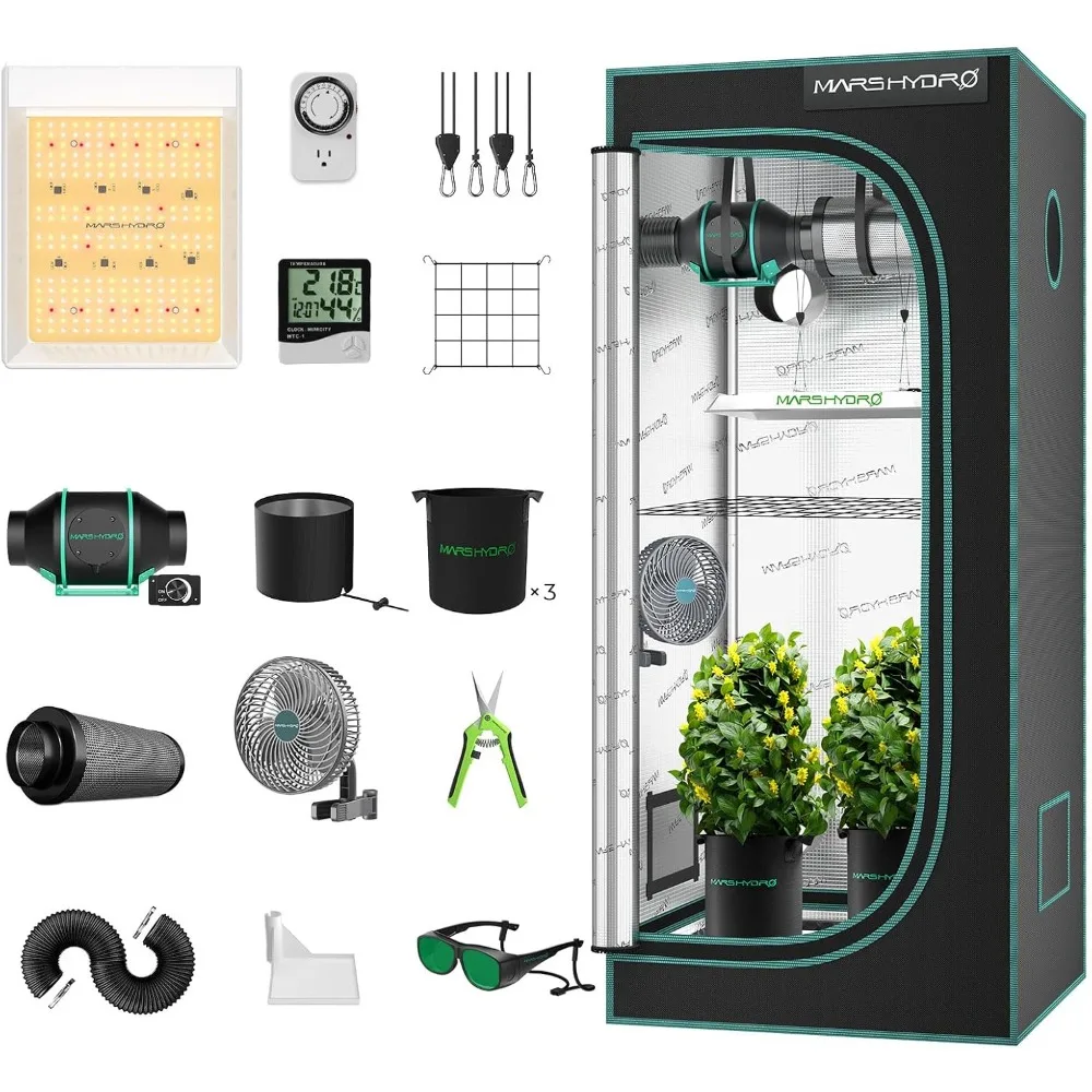 Grow Tent Kit Complete System with 10 Speed Clip Fan 100W TS600 LED Full Spectrum Grow Light 1680D High Reflective Grow Tent