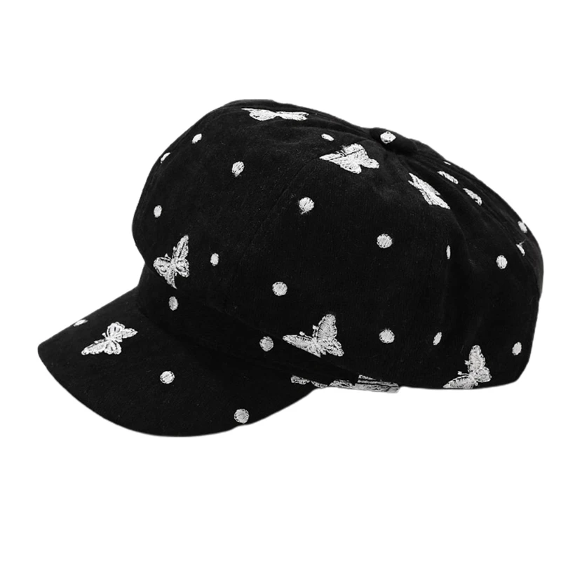 Cappello da Baseball ottagonale in velluto Vintage stile britannico da donna per berretto con visiera da pittore con ricamo a farfalla