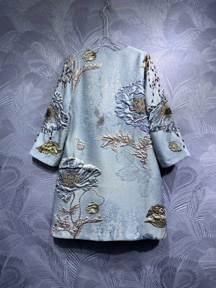 DLDENGHAN Beading Jacquard Coat For Women O-Neck Long Sleeves Covered Button Vintage Outerwear Autumn Winter New