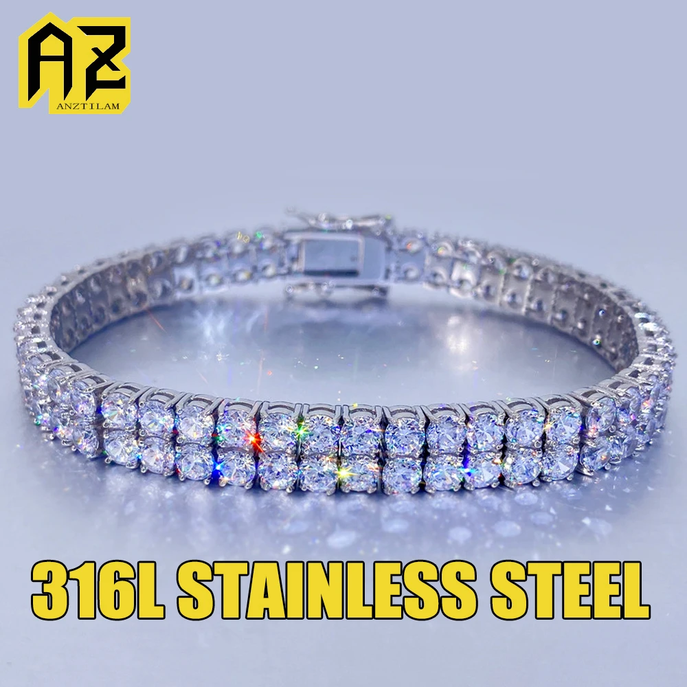 AZ 2 Rows 316L Stainless Steel Tennis Chain Bracelets For Men Zircon Iced Out Bracelet Hand Chain Bangles Gothic Jewelry