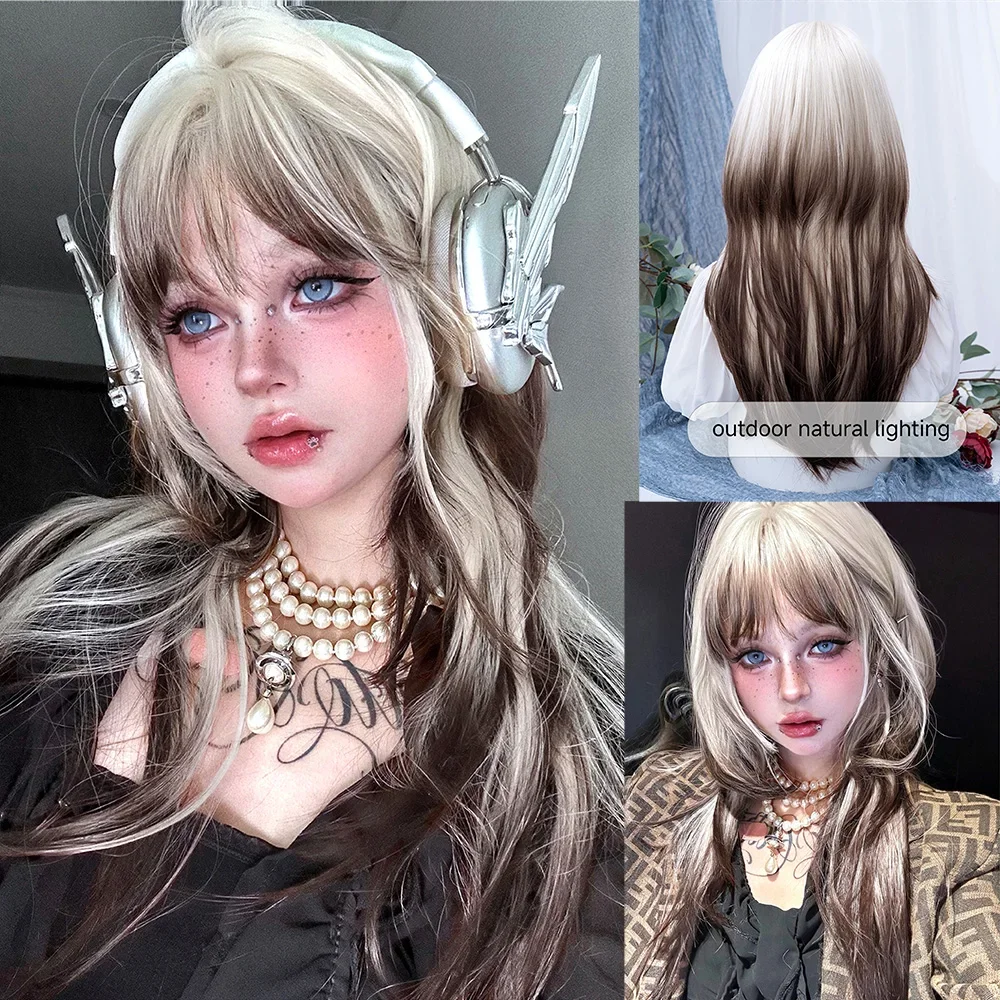 26Inch Blonde Brown Ombre Aloof Style With Bang Synthetic Wigs Long Straight Hair Wig for Women Daily Use Cosplay Heat Resistant