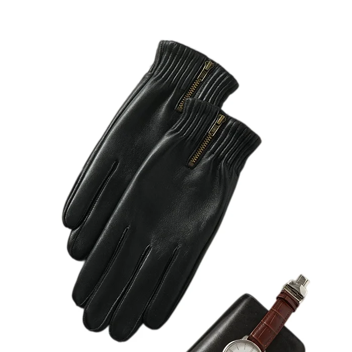 Winter Thicken Warm Retro Gloves Black Natural Sheepskin Leather Gloves Men Genuine Leather Zipper Touchscreen Driving Glove - view 5