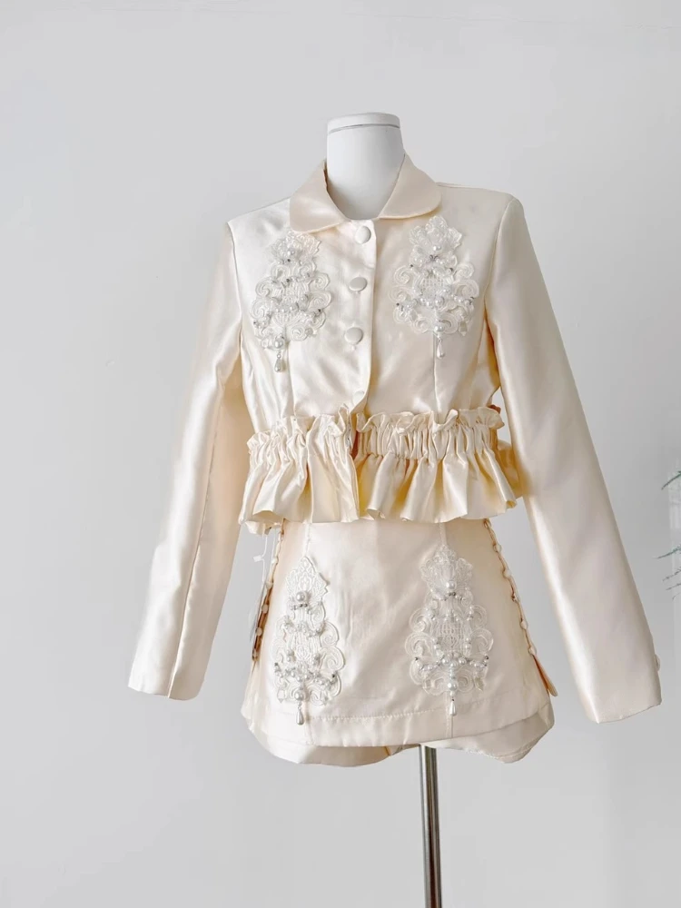 

2025 Autumn New Suit Elegant French Vintage Satin Pearl Beaded Embroidery Jacket Women Button Short Skirt Two-Pieces Set Female
