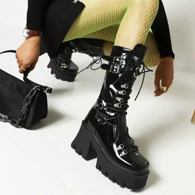 Chunky Platform Leather Medium Boots Women\'s Retro Punk Height Increasing Gothic Punk Knight Boots Ladies Lace Up Booties Winter