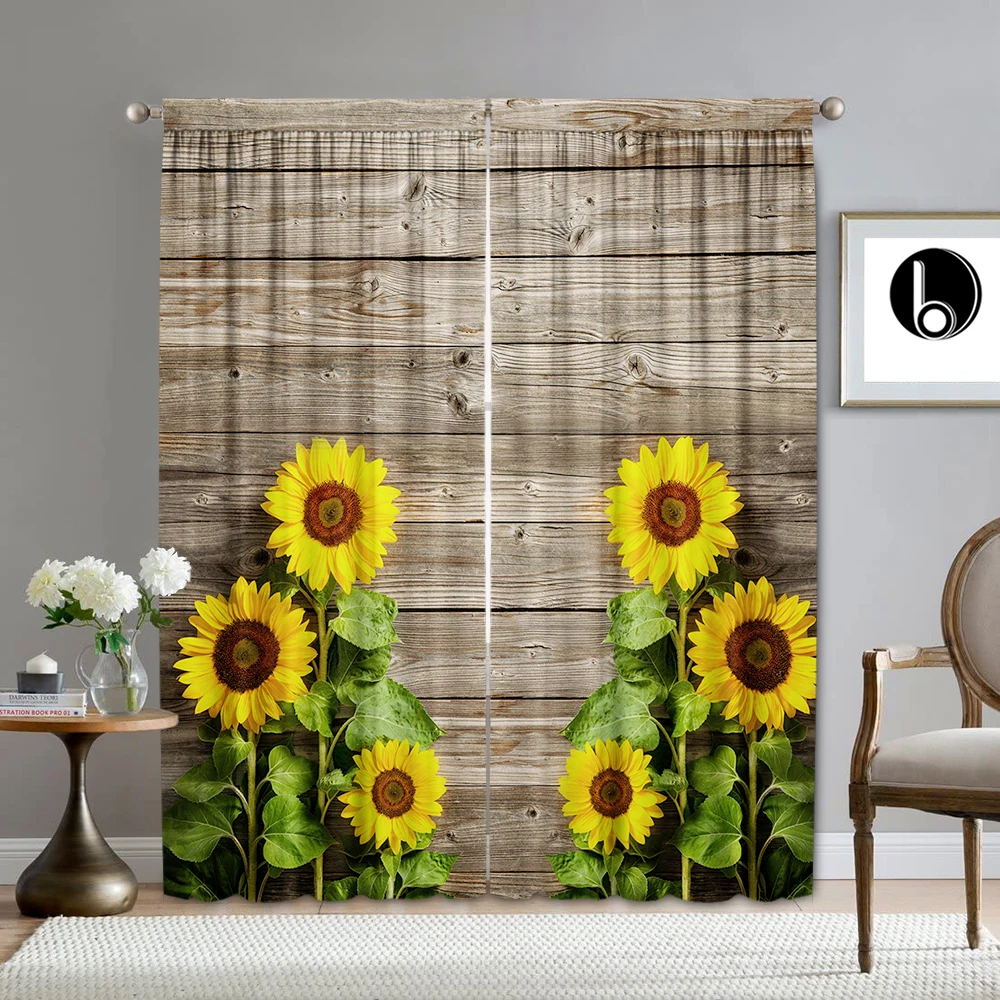 2PC Decorative Curtains - Sunflowers On Rural Wooden Walls - English Sunflowers With Rod Bag Curtains, Suitable For Bedroom,Gard