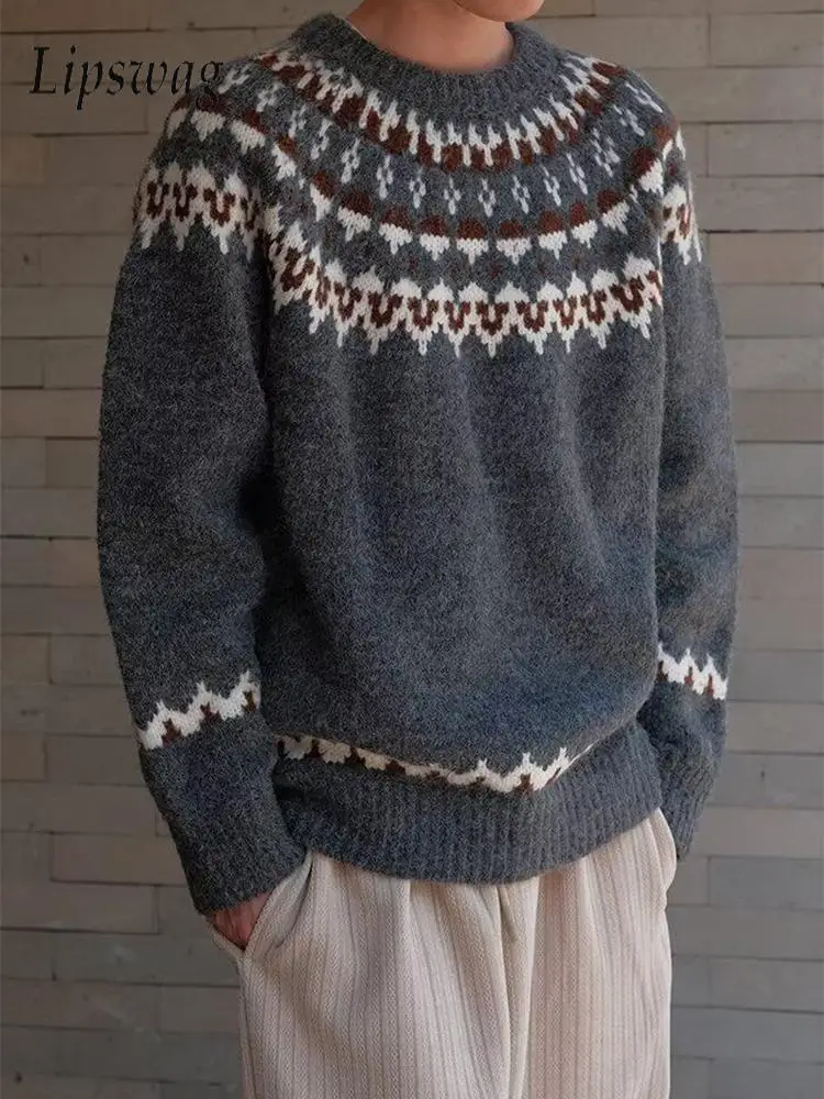 

Винтажные мужские свитера 2026, весенние повседневные вязаные пуловеры с длинными рукавами и круглым вырезом, мужские зимние теплые вязаные свитера, уличная одежда